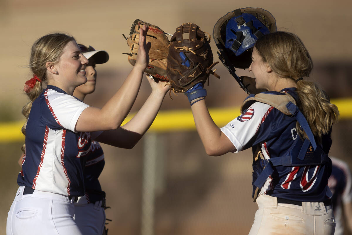 Coronado’s Kendall Selitzky, left, greets her team after shutting out Faith Lutheran in ...