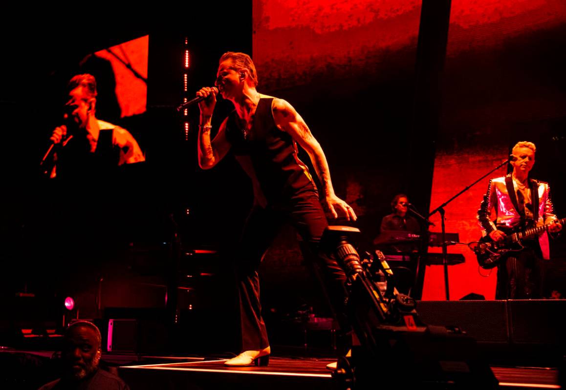 Dave Gahan, left, and Martin Gore, right, of Depeche Mode perform at T-Mobile Arena on Thursday ...