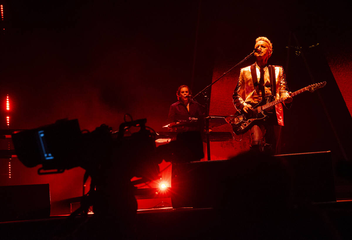 Martin Gore, right, of Depeche Mode, performs at T-Mobile Arena on Thursday, March 30, 2023, in ...
