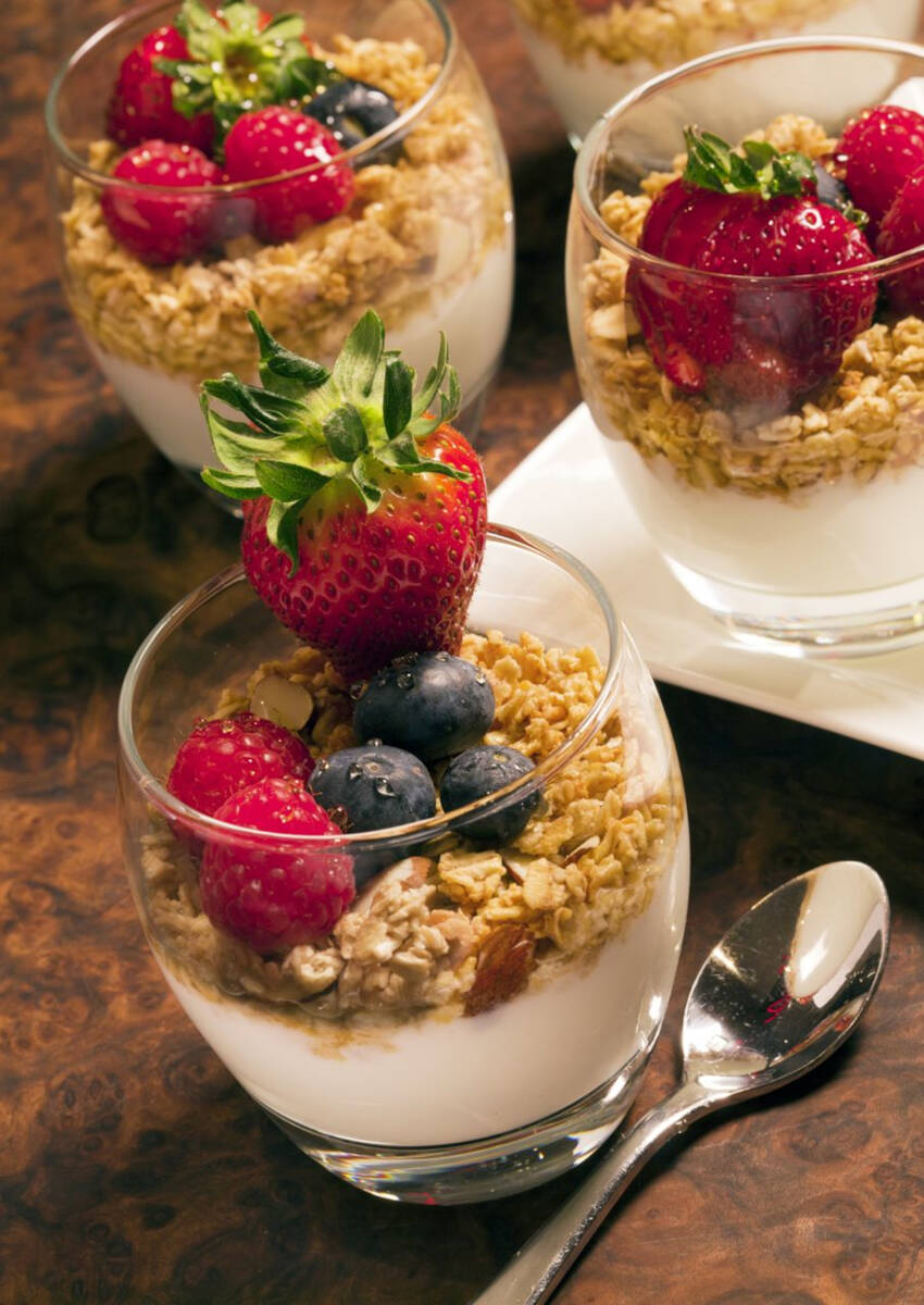 Yogurt parfait is served at the passed small plates weekend brunch during spring 2023 at La Cav ...