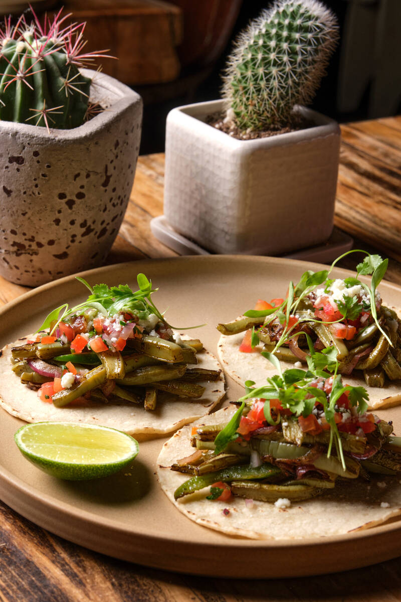 Nopales cactus paddle tacos for spring brunch 2023 at La Mona Rosa in downtown Las Vegas. (La M ...