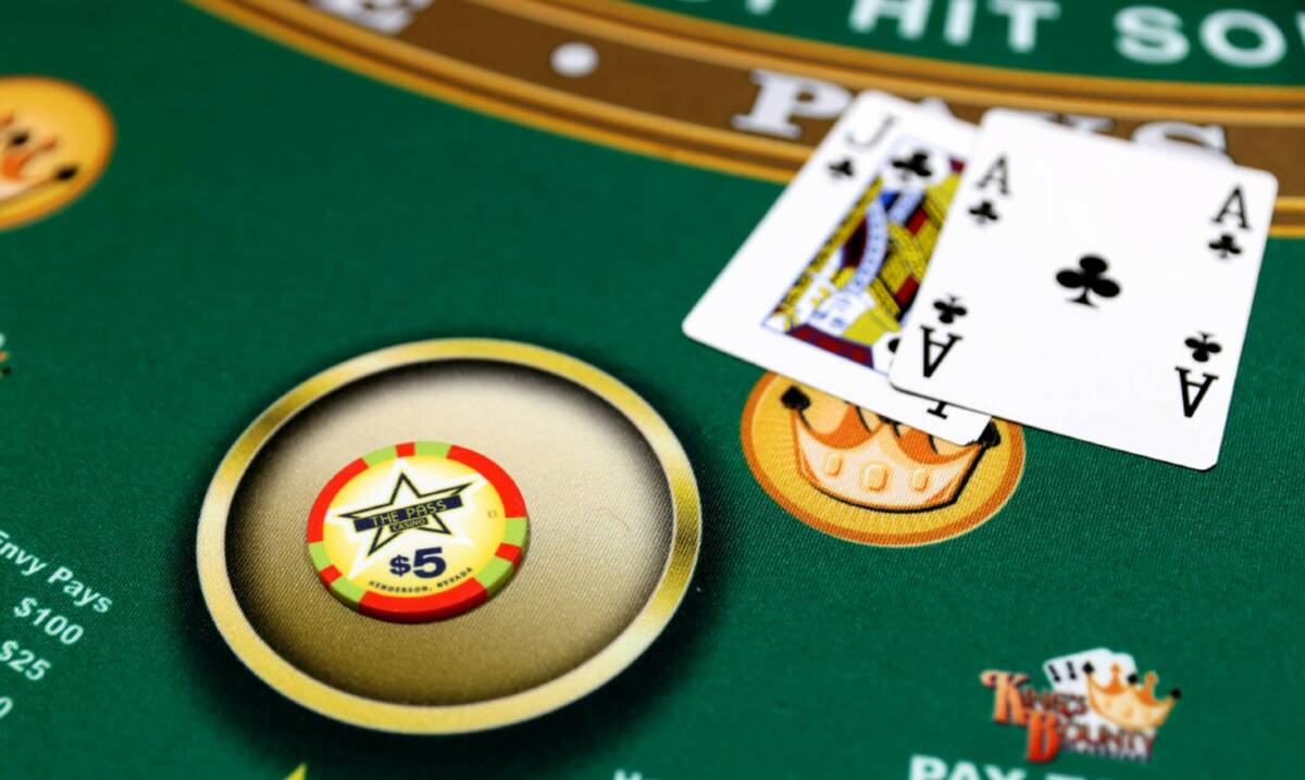 A blackjack table at The Pass on historic Water Street in downtown Henderson in March 2021. (K. ...