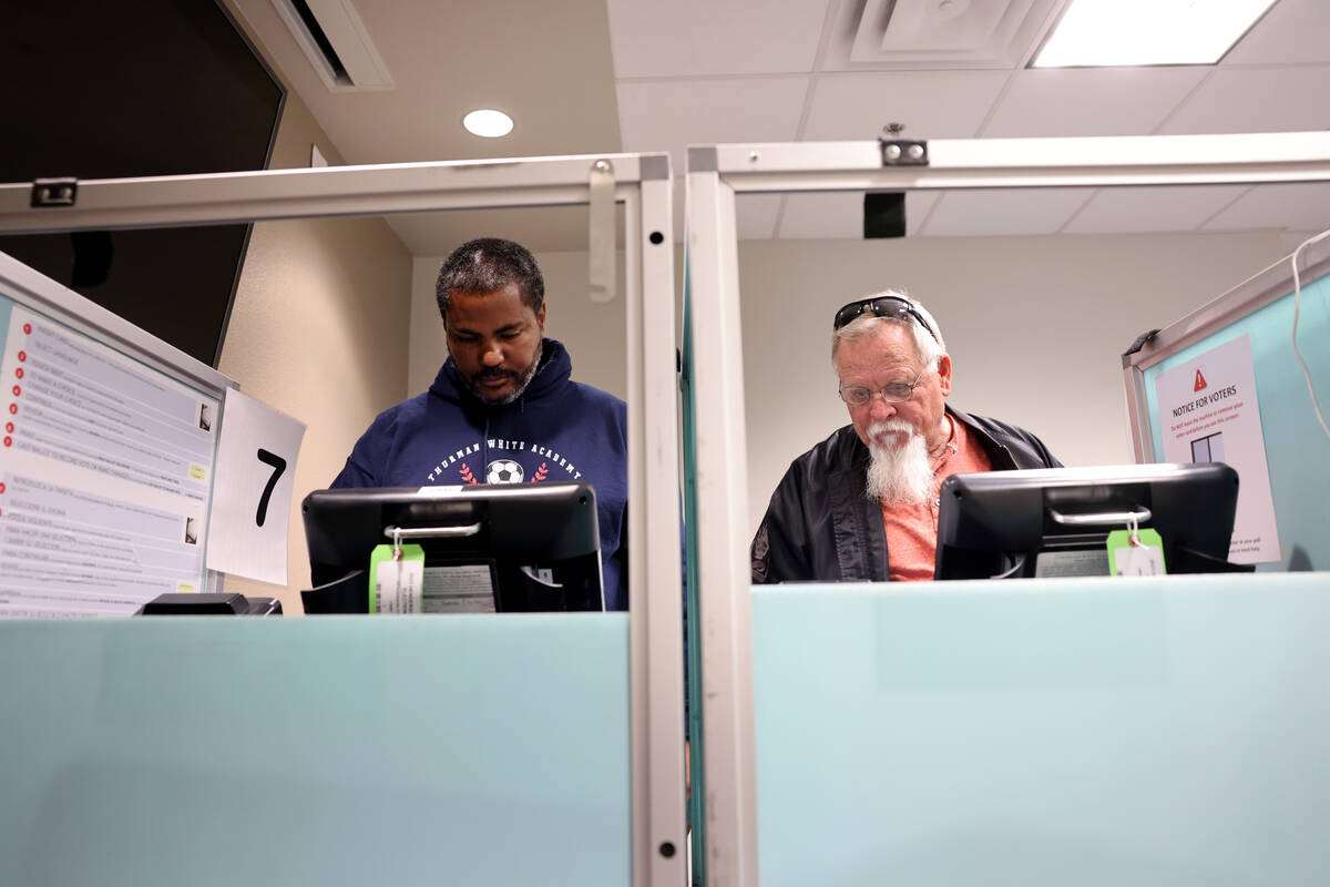 Leon Soares, left, and Arthur Diebold vote at Henderson City Hall during a special election for ...