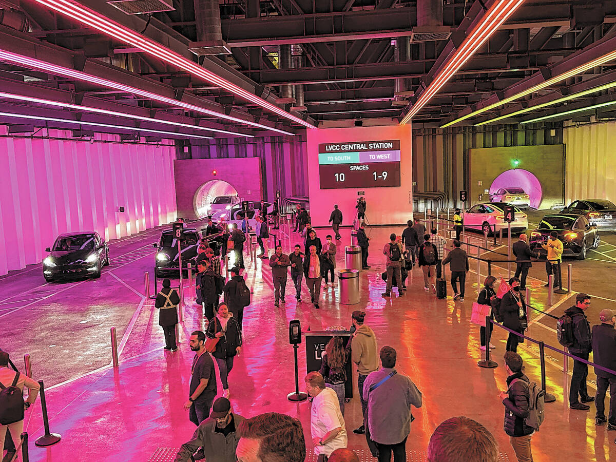 CES attendees in Central Station of the Boring Companys Vegas Loop at the Las Vegas Conve ...