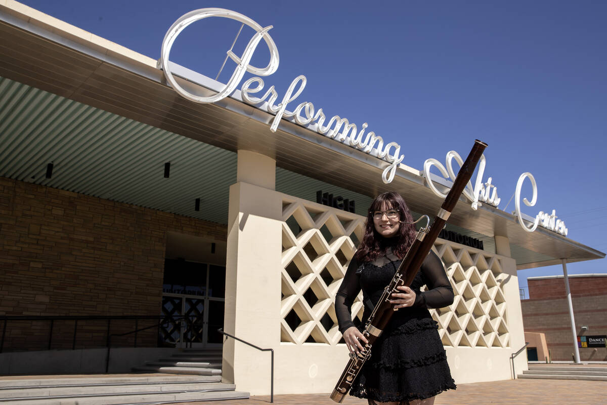 Cassandra Valenti poses with her bassoon at the Las Vegas Academy of the Arts Performing Arts C ...