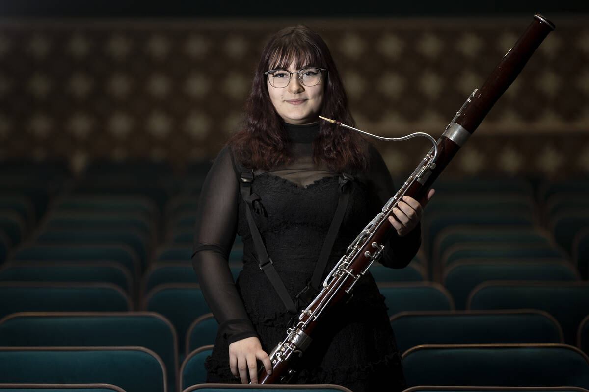 Cassandra Valenti poses with her bassoon at the Las Vegas Academy of the Arts Performing Arts C ...