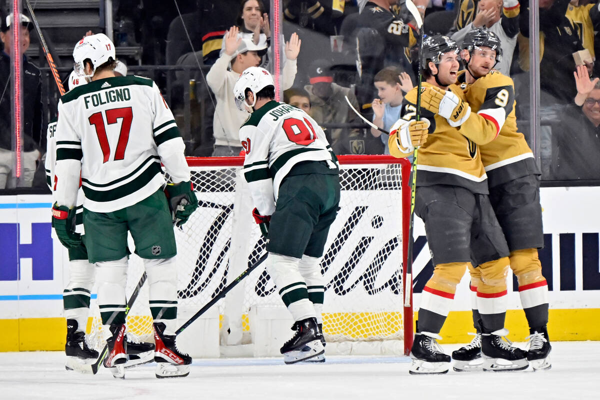 Minnesota Wild right wing Ryan Hartman celebrates his first-period goal  against the Vegas Golde …