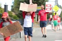 Leo Magidman, 5, from left, and brother Harvey Magidman, 7, carry signs with their dad, social ...
