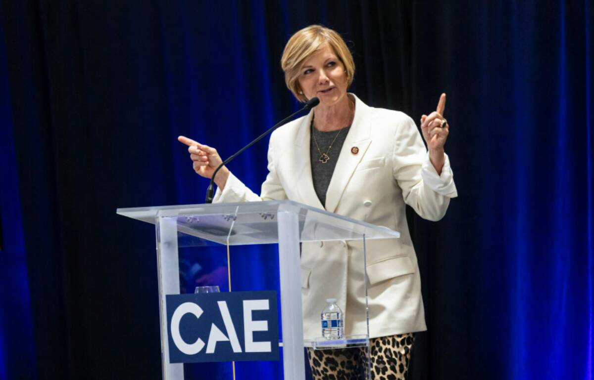 Rep. Susie Lee, D-Nev., speaks during a ribbon cutting ceremony for CAE’s new flight training ...