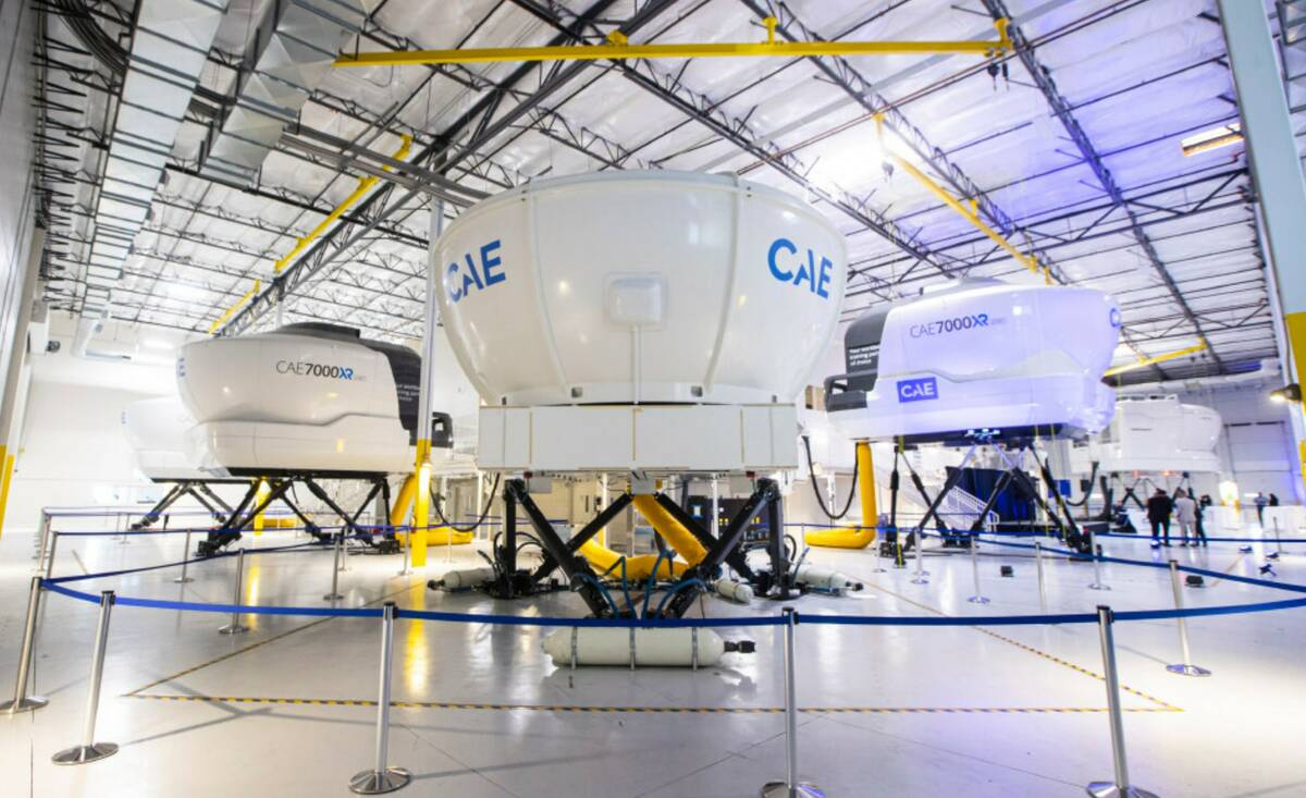 A view of full-flight simulators at CAE’s new flight training facility on Tuesday, April 4, 2 ...