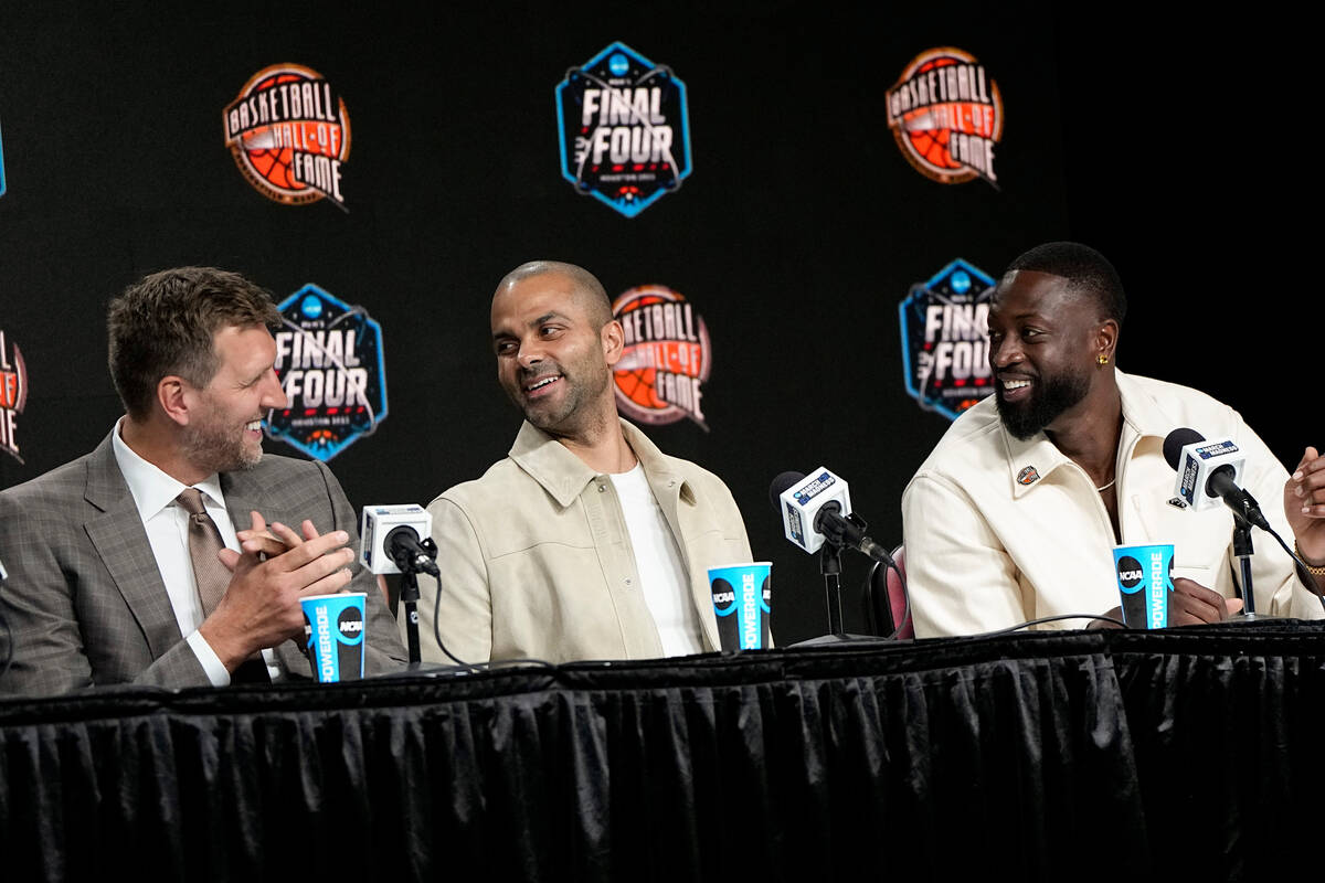 Dirk Nowitzki, from left, Tony Parker and Dwyane Wade talk during a news conference for the The ...