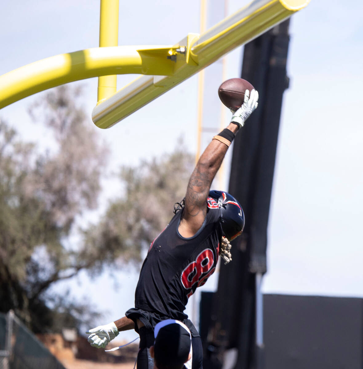 Vegas Vipers tight end Cam Sutton (89) spikes the ball over the uprights after scoring during t ...
