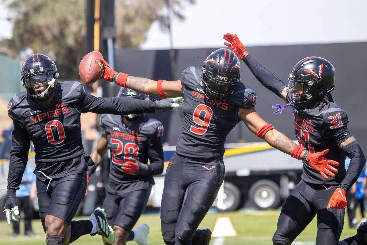 Vegas Vipers defensive back Deontay Anderson (9) celebrates his interception against the San An ...