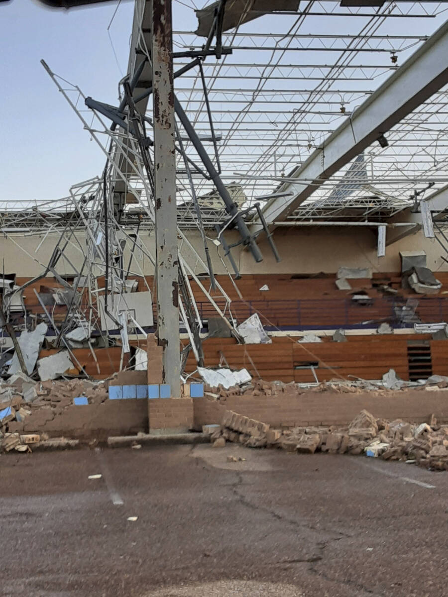 A school is damaged from a tornado in Covington, Tenn., on Saturday April 1, 2023. Possibly do ...