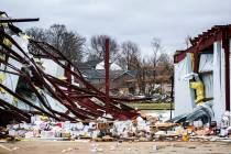 The path of a tornado is seen through a building on James Street, Saturday, April 1, 2023, in C ...