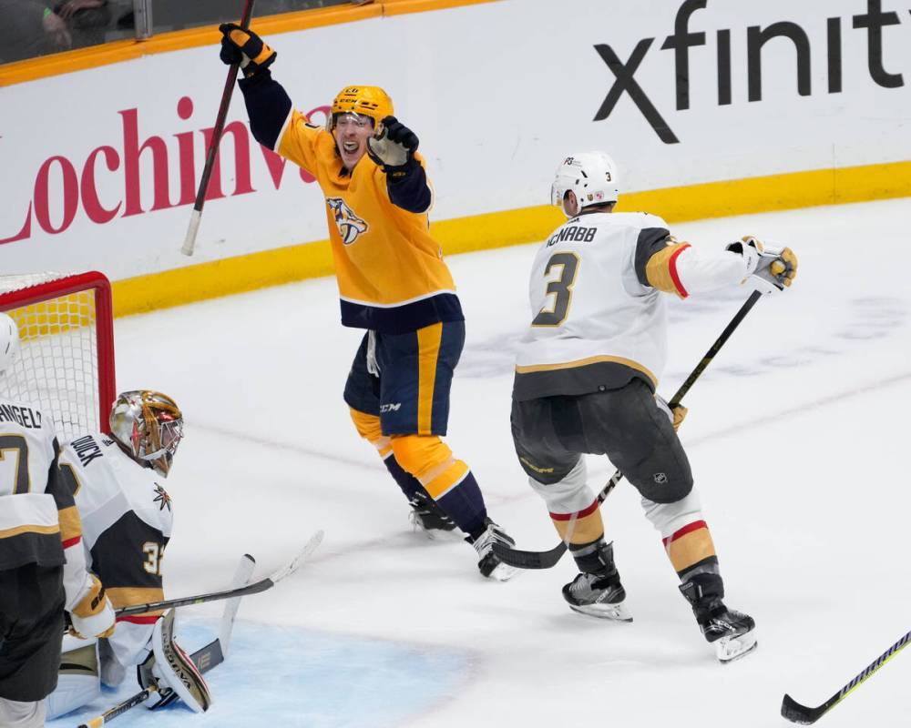 Nashville Predators center Philip Tomasino (26) celebrates an overtime goal against the Vegas G ...