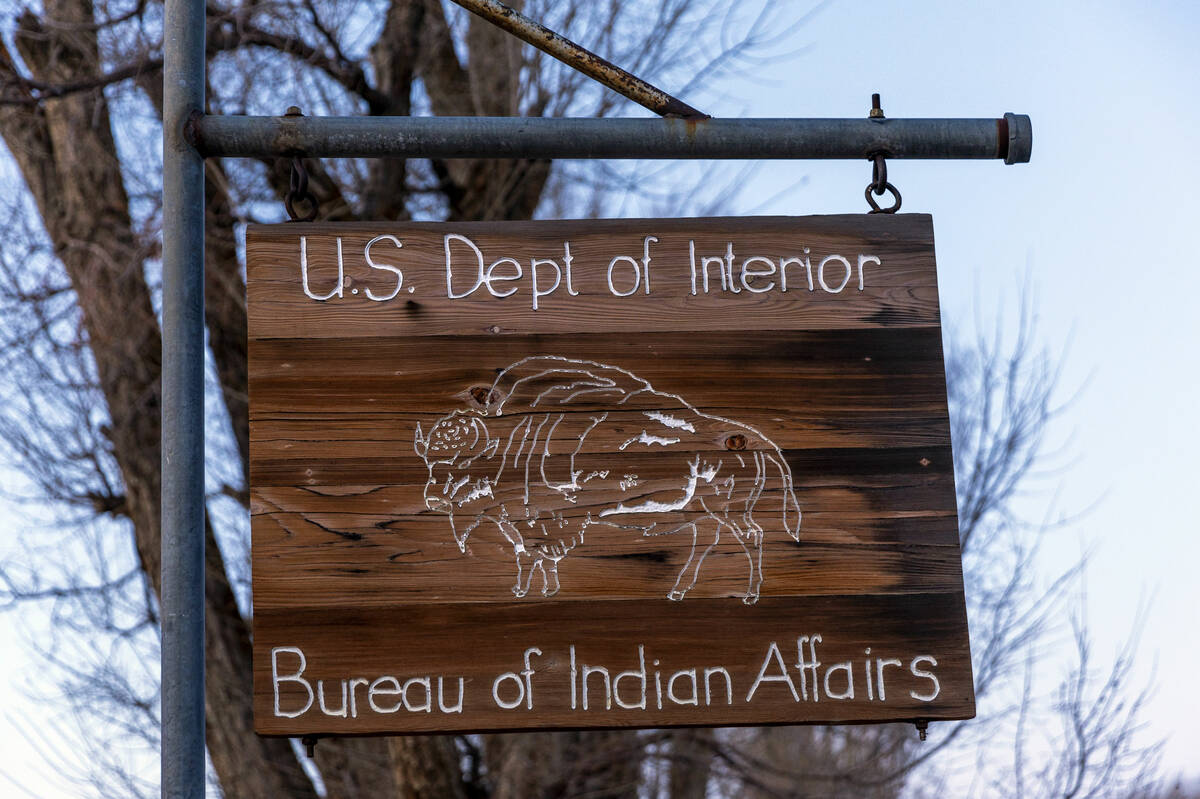 Sign outside the offices of the Bureau of Indian Affairs in town, which is sitting on top of ca ...