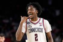 Connecticut guard Tristen Newton celebrates after scoring against San Diego State during the fi ...