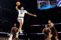 Connecticut guard Jordan Hawkins shoots against San Diego State during the second half of the m ...