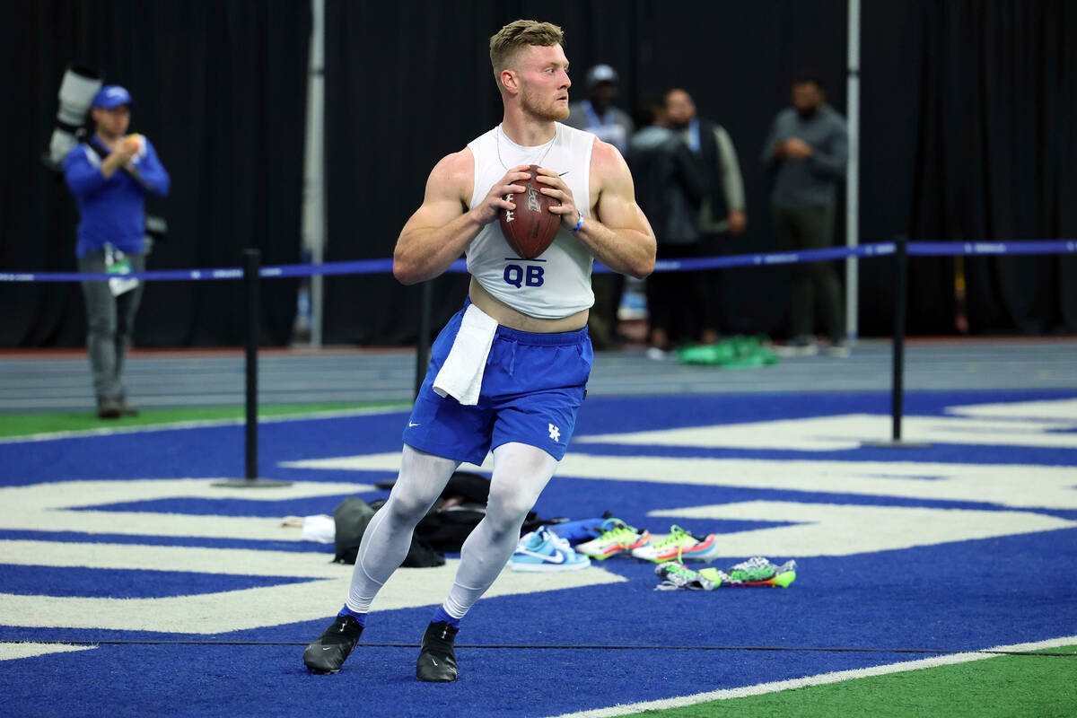Kentucky's Will Levis prepares to pass during the NCAA college football team's NFL Pro Day in L ...