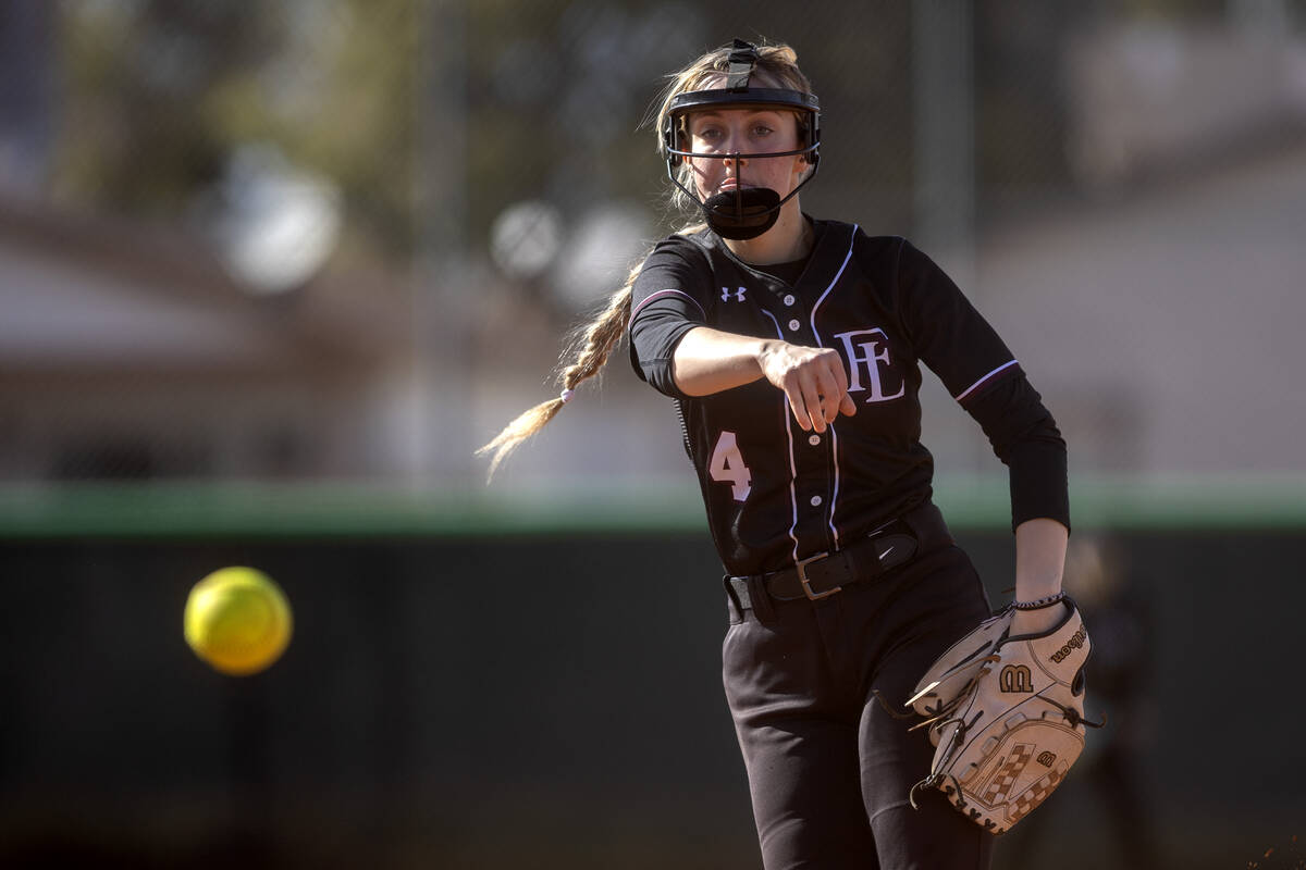 Faith Lutheran’s Jersie McDonald pitches to Green Valley during a high school softball g ...