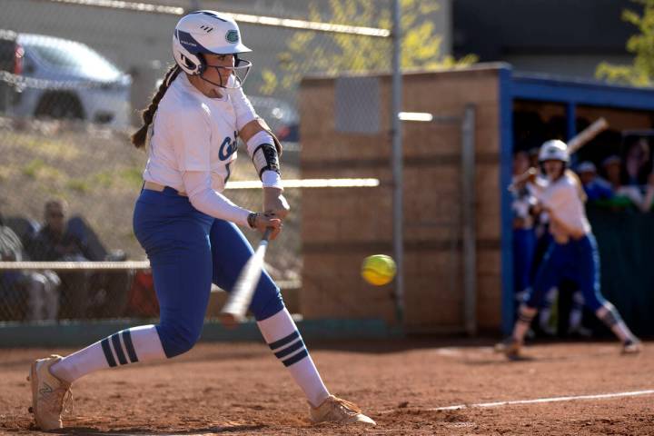 Green Valley’s Rustie Riley bats against Faith Lutheran during a high school softball ga ...