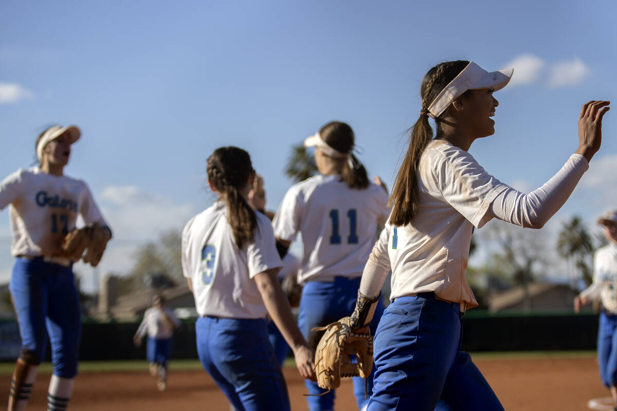 Green Valley’s Gabby Machida, right, celebrates with her teammates after winning a high ...