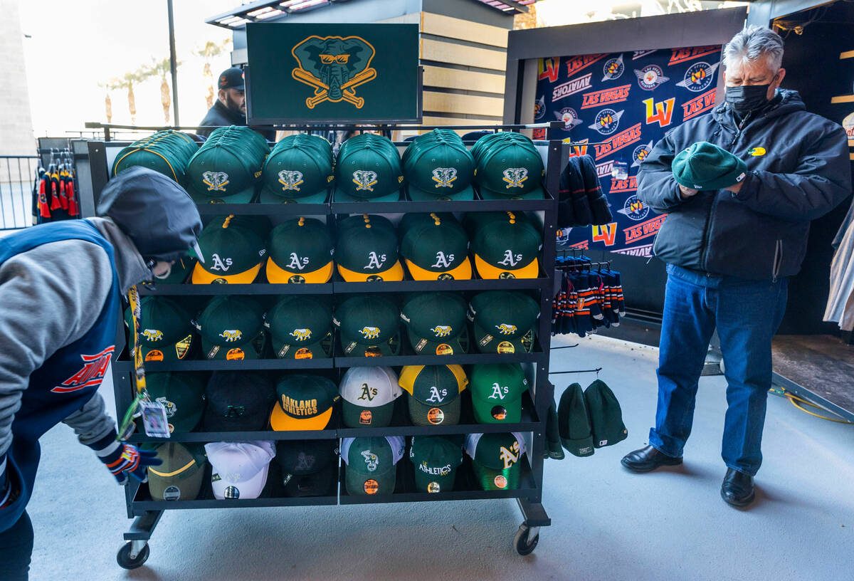 Oakland A's merchandise on sale for fans before the first inning of the Aviators against Dodger ...