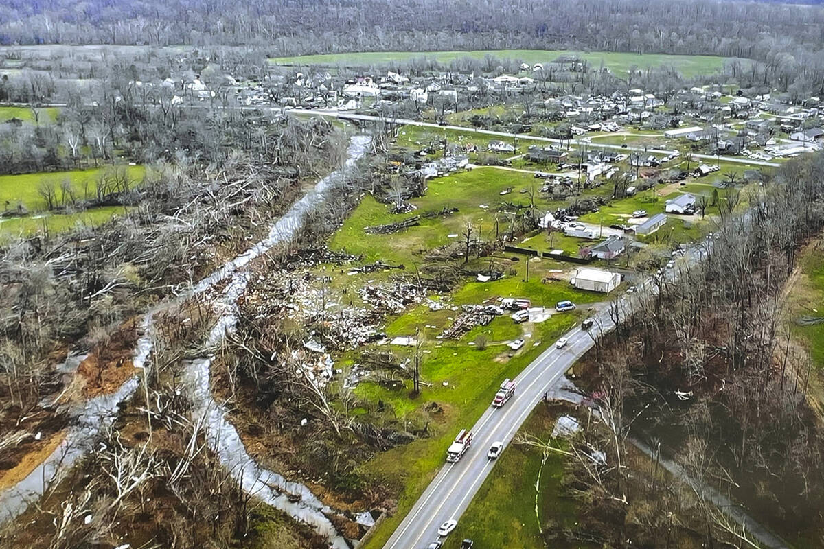 This photo provided by the Missouri State Highway Patrol and taken with a drone as it surveys t ...