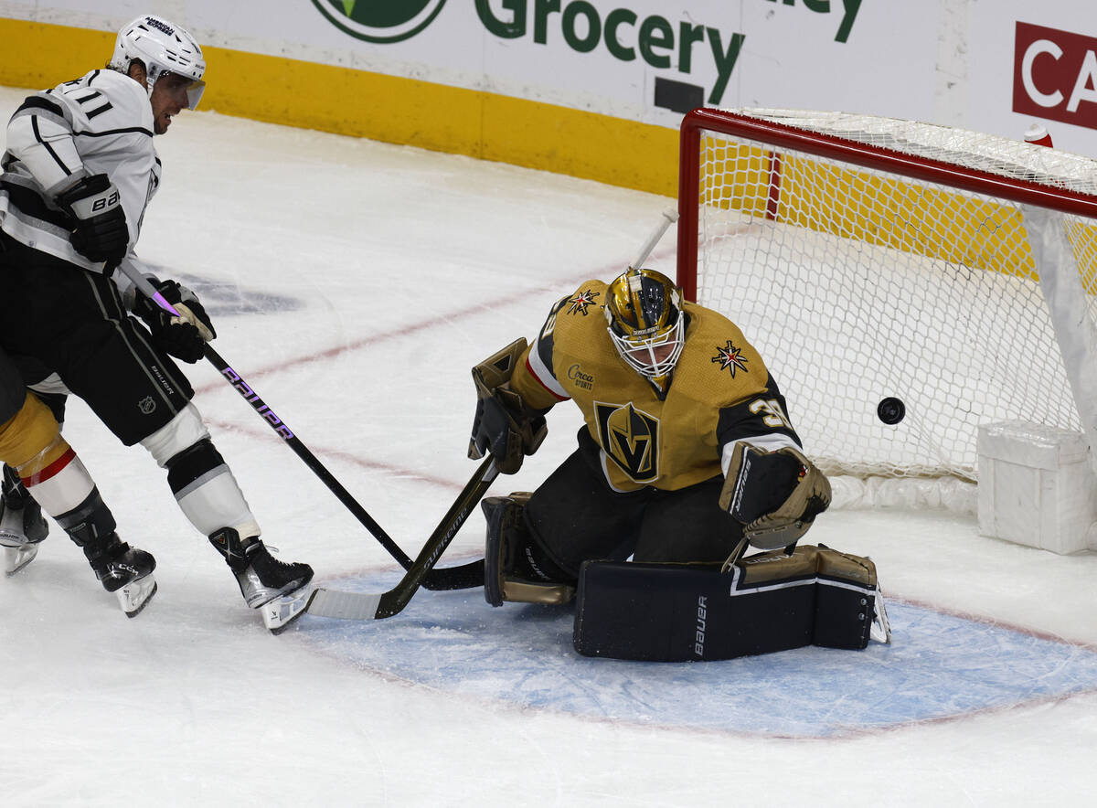 Golden Knights goaltender Laurent Brossoit (39) makes a save against Los Angeles Kings center A ...