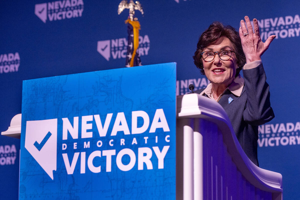 Senator Jacky Rosen speaks during the Nevada Democratic Victory Election Night party in the bal ...