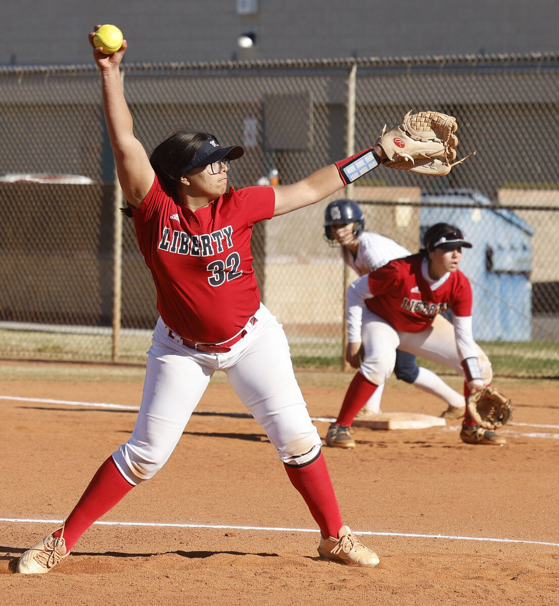 Liberty picture Joei Luevanos (32) delivers during the fourth inning of a softball game at Shad ...