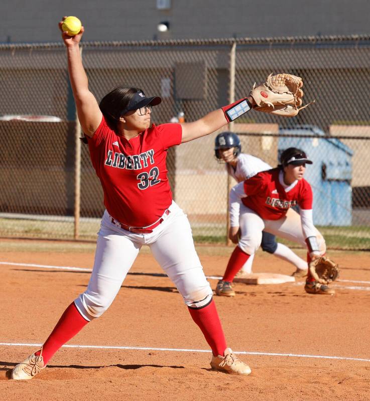 Liberty picture Joei Luevanos (32) delivers during the fourth inning of a softball game at Shad ...