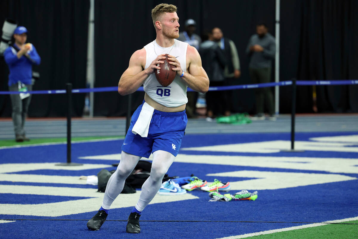 Kentucky's Will Levis prepares to pass during the NCAA college football team's NFL Pro Day in L ...