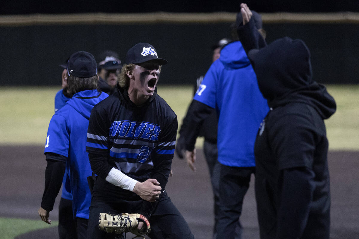 Basic first baseman Cooper Sheff celebrates after making an out at first base for a double play ...