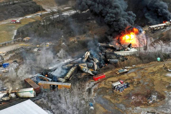 FILE - This photo taken with a drone on Feb. 4, 2023, shows portions of a Norfolk Southern frei ...