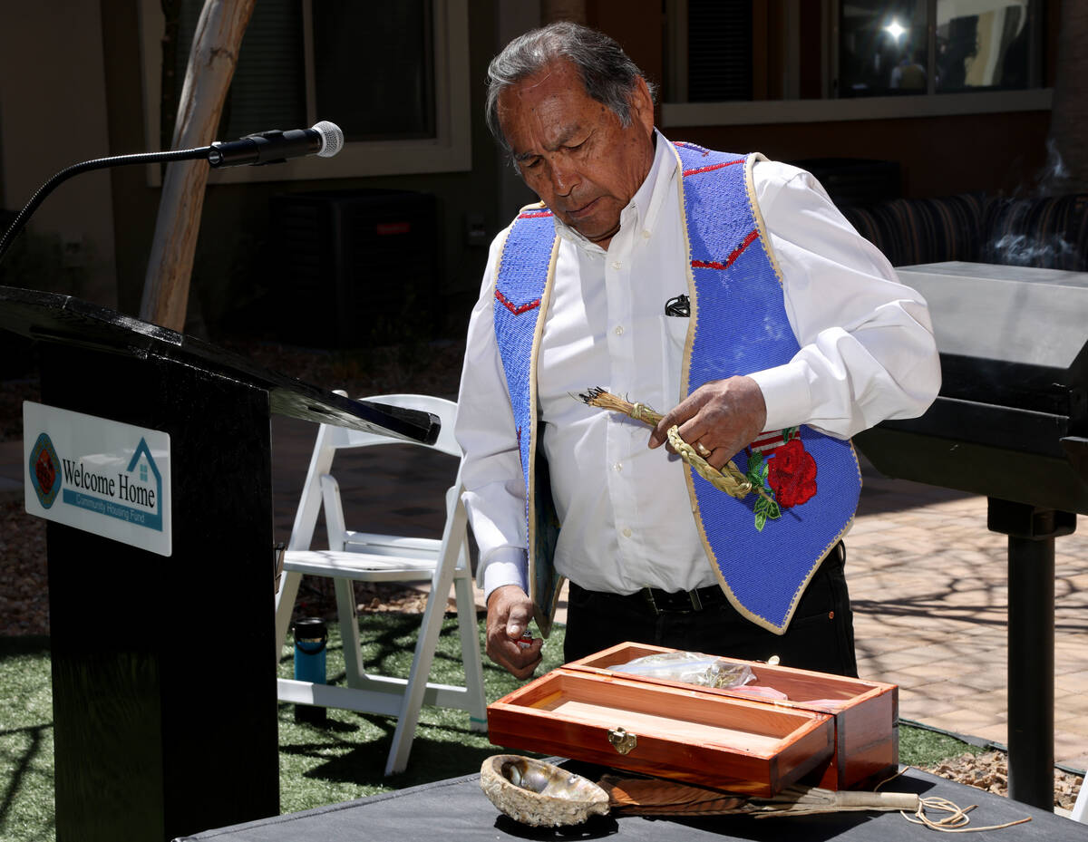Kaibab Paiute Tribe Elder Carlos Bulletts gives the blessing during a ceremony at Ensemble Seni ...