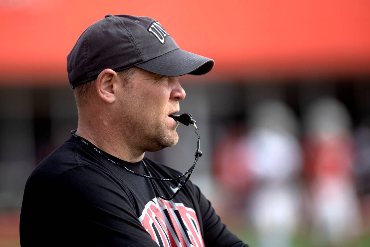Head coach Barry Odom during UNLV football practice at Fertitta Football Complex on Saturday, M ...