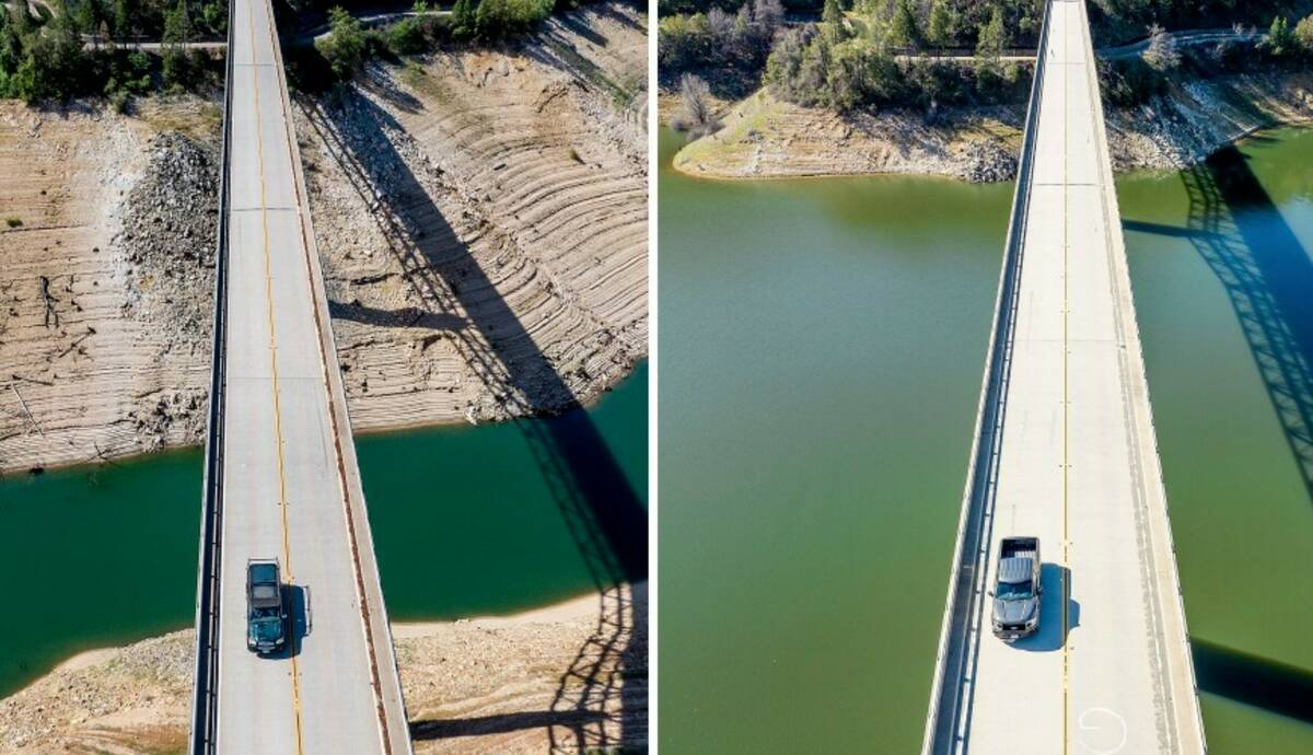 A car crosses Enterprise Bridge over Lake Oroville's dry banks on May 23, 2021, left, and the s ...