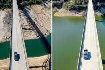 A car crosses Enterprise Bridge over Lake Oroville's dry banks on May 23, 2021, left, and the s ...