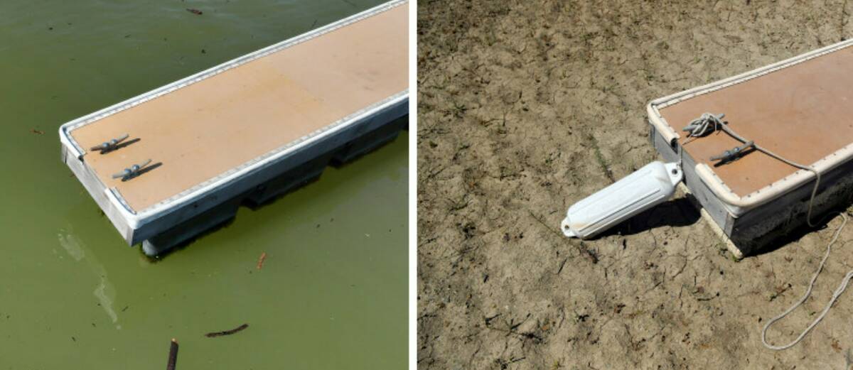 A dock floats in the Browns Ravine Cove area of Folsom Lake, March 26, 2023, left, and the same ...