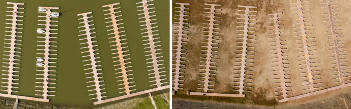 Docks float in the Browns Ravine Cove area of Folsom Lake on March 26, 2023, left, and the same ...