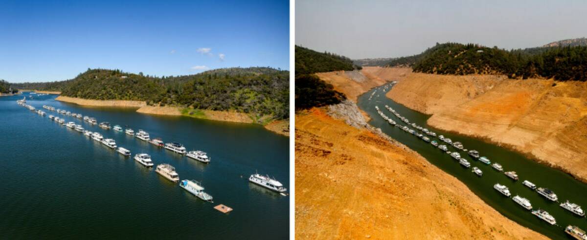 Houseboats rest in a channel at Lake Oroville State Recreation Area on March 26, 2023, left, an ...