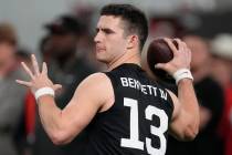 Former Georgia quarterback Stetson Bennett throws during drills at Georgia football Pro Day, We ...