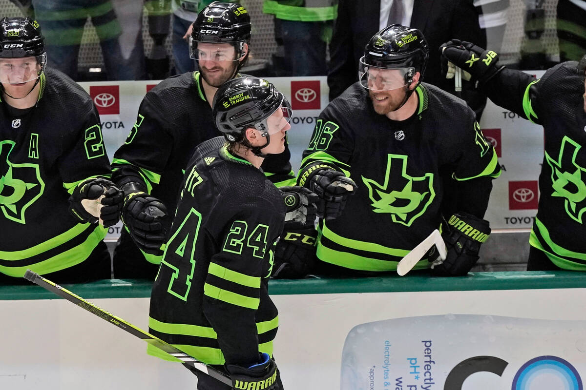 Dallas Stars center Roope Hintz (24) is congratulated after scoring his shootout goal by teamma ...