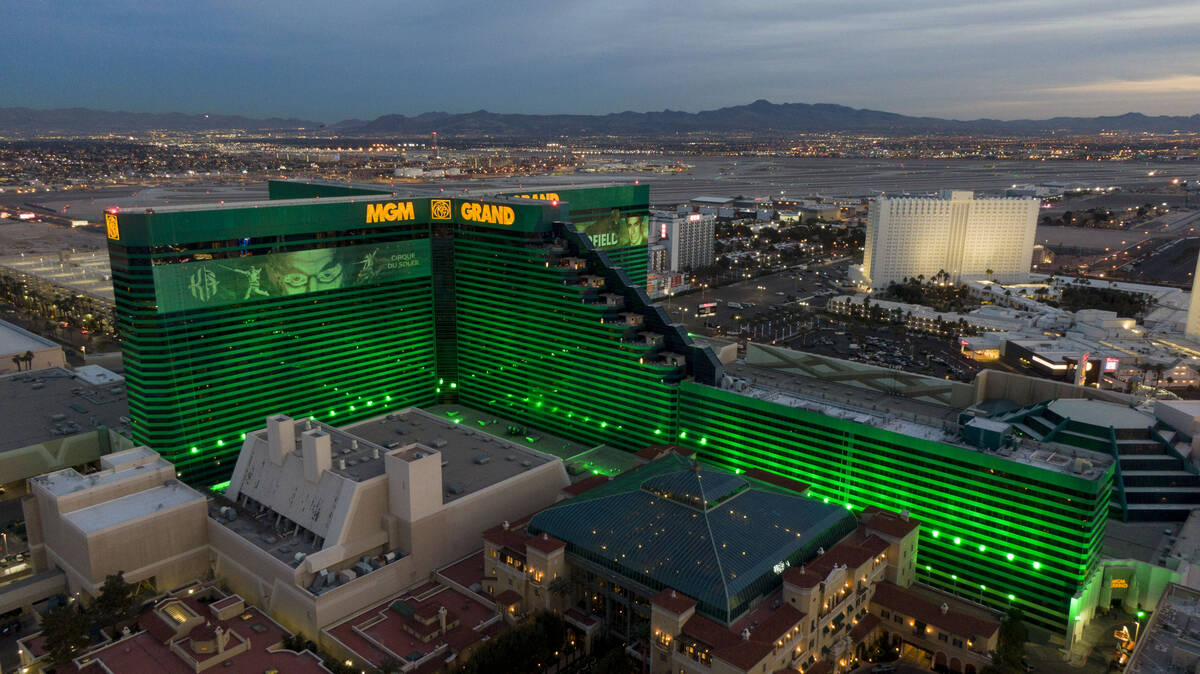 Aerial view of the MGM Grand hotel casino on the south Las Vegas Strip at sunset on Wednesday, ...