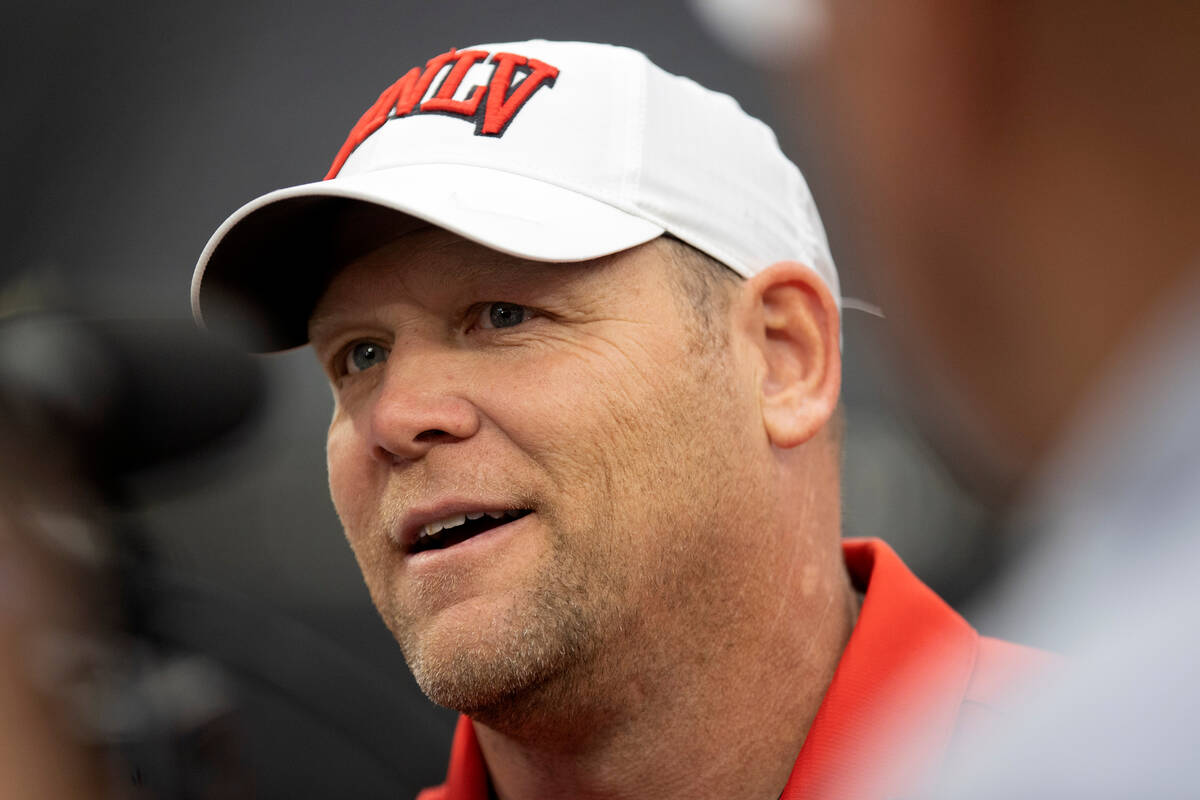 Head coach Barry Odom speaks to the press after the UNLV spring showcase game at Allegiant Stad ...