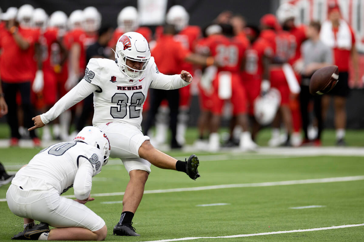Kicker Jose Pizano kicks a field goal during the UNLV spring showcase game at Allegiant Stadium ...