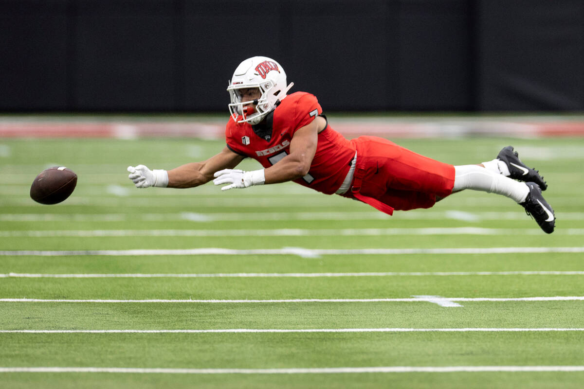 Wide receiver Jacob De Jesus dives for the ball during the UNLV spring showcase game at Allegia ...