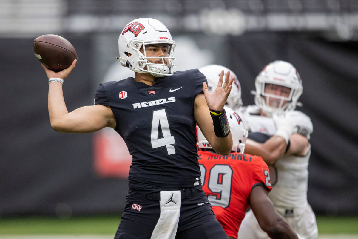 UNLV quarterback Jayden Maiava (4) throws during the first half of a football scrimmage for the ...